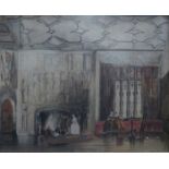 UNSIGNED WATERCOLOUR, DATED 1843- THE BLAZING FIRE AND HALL INTERIOR,