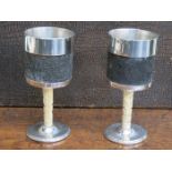 PAIR OF QUALITY WHITE METAL, CARVED IVORY AND BUFFALO SKIN STEMMED GOBLETS,