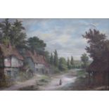 VICTORIAN OIL ON CANVAS, SINGED (INDISTINCT)- FIGURE ON THE VILLAGE ROAD,