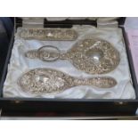 HALLMARKED SILVER FOUR PIECE DRESSING TABLE SET AND BABY BANGLE