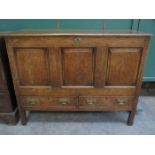 19th CENTURY PANELLED OAK COFFER FITTED WITH TWO DRAWERS