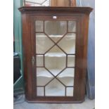 18th CENTURY OAK SINGLE DOOR ASTRAGAL GLAZED WALL MOUNTING CORNER CUPBOARD