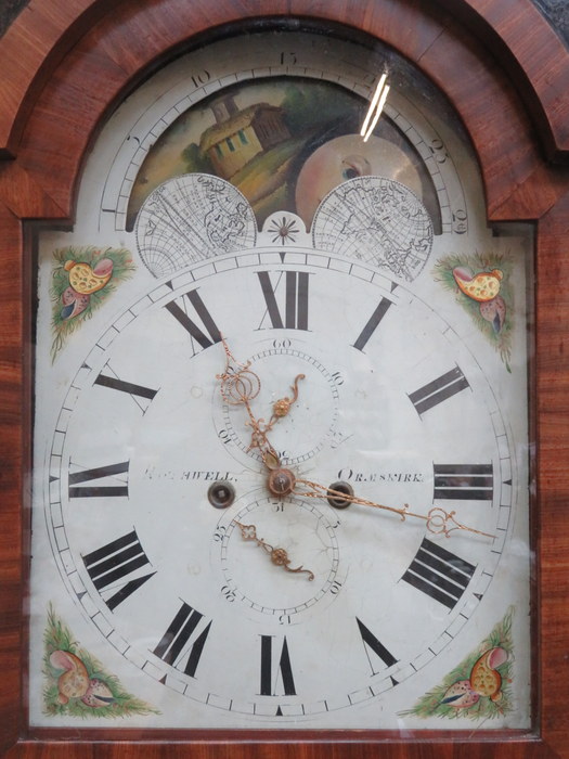 19th CENTURY MAHOGANY LONGCASE CLOCK WITH HANDPAINTED AND ROLLING MOON DIAL, - Image 4 of 6