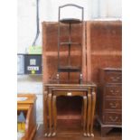 OAK THREE TIER FOLDING CAKESTAND AND MAHOGANY NEST OF THREE TABLES