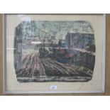 FRAMED ORIGINAL COLOUR LITHOGRAPH DEPICTING A HARBOUR SCENE, SIGNED IN PENCIL (INDISTINCT),