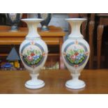PAIR OF PRETTY HANDPAINTED AND FLORAL DECORATED VICTORIAN GLASS VASES,