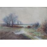 V BOOTH, FRAMED AND GLAZED WATERCOLOUR OF LANDSCAPE WITH SHEEP ON A WINTER MORNING,