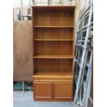 SET OF MODERN TEAK OPEN BOOKSHELVES WITH SINGLE DRAWER AND TWO CUPBOARD DOORS BELOW