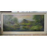 OCTAVIA THOMSON, FRAMED OIL ON BOARD DEPICTING A COUNTRYSIDE RIVER SCENE WITH COTTAGE, DATED 1975,