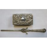 SILVER CASED SPIRIT BURNER AND PAIR OF SILVER HANDLED CURLING TONGS