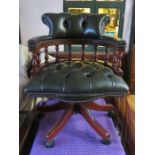 REPRODUCTION GREEN LEATHER UPHOLSTERED SWIVEL OFFICE ARMCHAIR