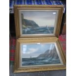 A MARTIN, PAIR OF GILT FRAMED AND GLAZED SEASCAPES- SAILING AROUND THE ROCKY COASTS,