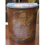 UPHOLSTERED OAK HINGED BOW FRONTED SMALL LOG BARREL DECORATED WITH A GALLEON AT SEA