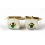 A pair of 14ct yellow gold emerald and mother of pearl set cufflinks.