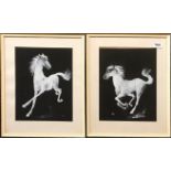 A pair of framed monochrome watercolours, in a Chinese style, of galloping horses, 34 x 42cm.