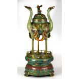 An impressive Chinese gilt cloisonné on bronze temple style censer of three cranes, H. 53cm. Prov.