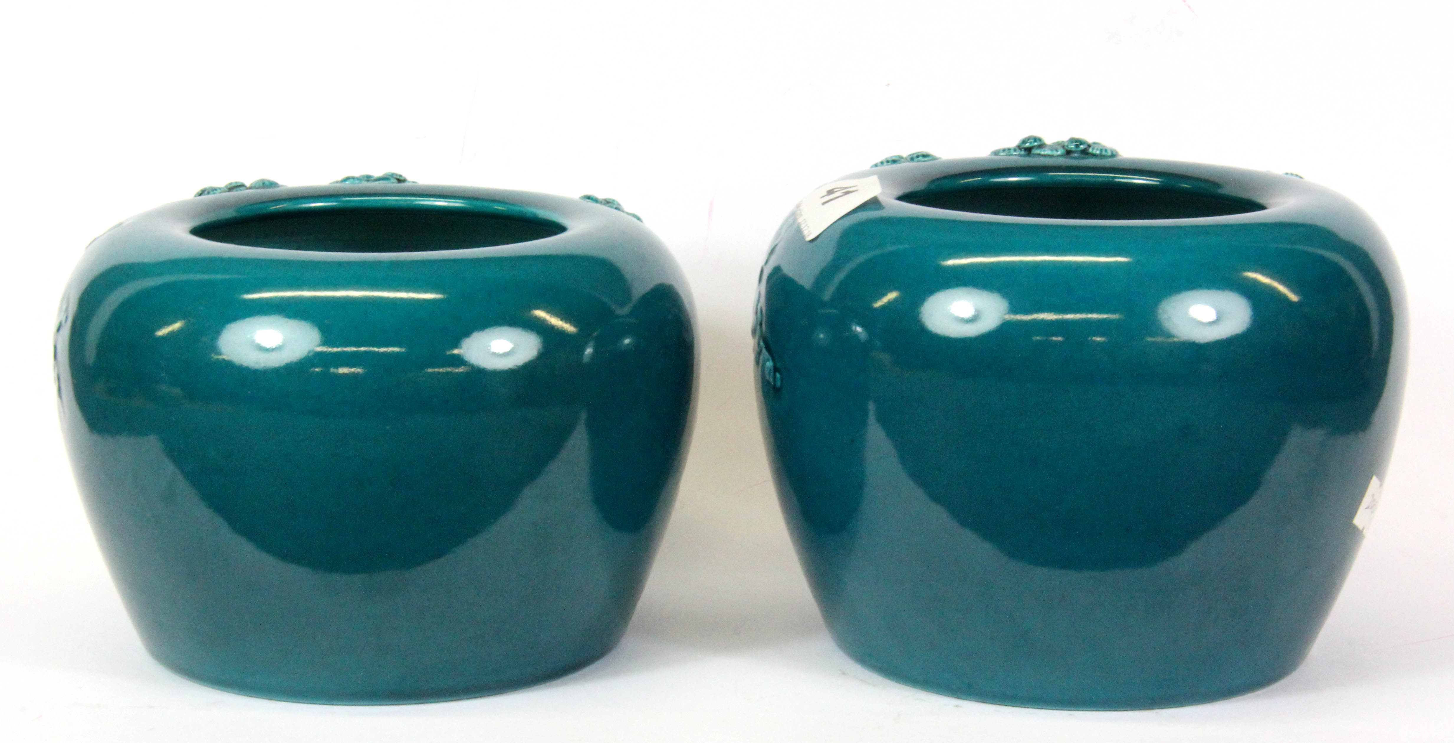 A pair of Chinese turquoise glazed and relief decorated bowls, H. 12cm, Dia. 15cm. - Image 2 of 3