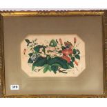 A gilt framed Chinese painting on rice paper of a butterfly among foliage, 49 x 39cm.