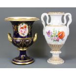 A 19th century Derby urn, H. 24cm, together with a Meissen hand painted and gilt urn, H. 28cm, (both