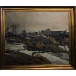 A large gilt framed oil on canvas of a boatyard signed Knud Jespersen (Danish 1879 - 1954) dated