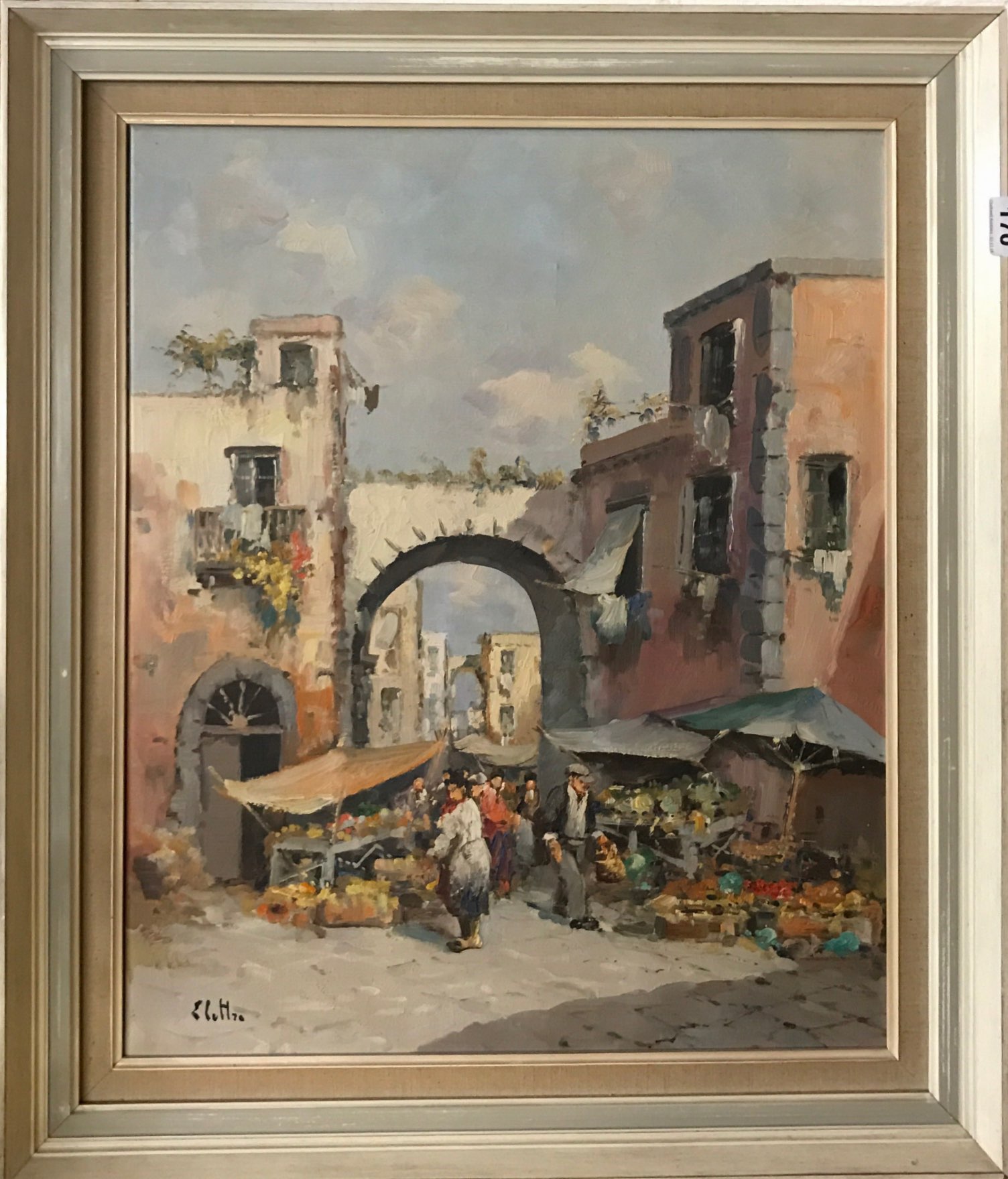 A framed oil on canvas market scene signed Elettra (for Elettra Briante, Italian b. 1906), 64 x