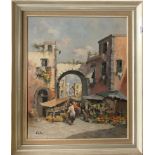 A framed oil on canvas market scene signed Elettra (for Elettra Briante, Italian b. 1906), 64 x