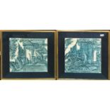 A pair of gilt framed stone rubbings of Indonesian temple scenes, 59 x 60cm.