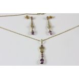A pair of 9ct yellow gold amethyst and diamond set drop earrings and a matching pendant and chain,