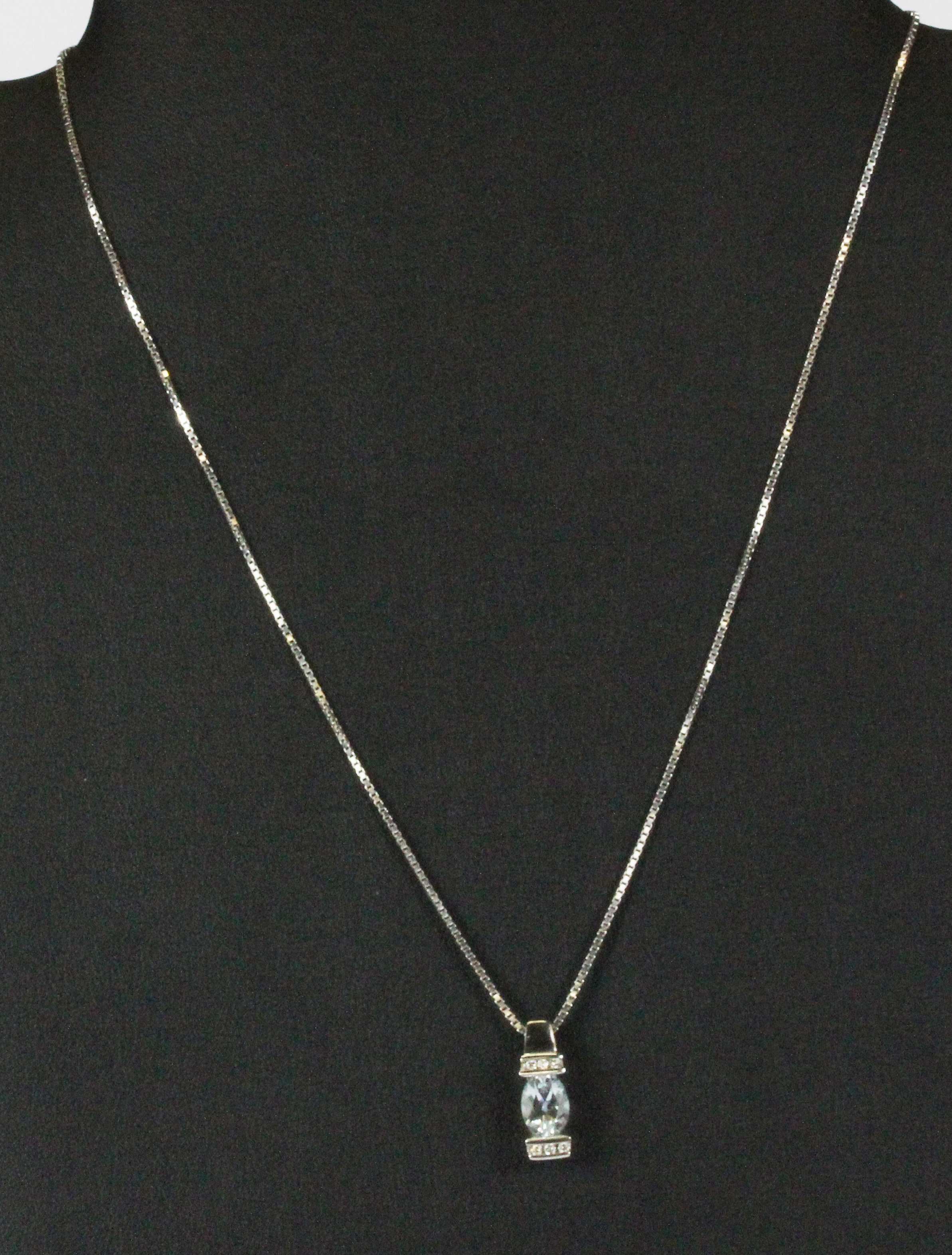 A 14ct white gold aquamarine and diamond set pendant and chain, L. 2cm. - Image 2 of 2