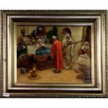 A fine Orientalist painting on panel of an Arab scene, 70 x 60cm.