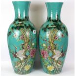 A pair of Chinese hand enamelled porcelain vases decorated with cranes among foliage, with four