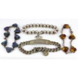 A labradorite set silver bracelet, a faux amber 925 silver bracelet and two further bracelets.