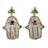 A pair of 925 silver gilt ruby and white stone set drop earrings, L. 3.8cm.