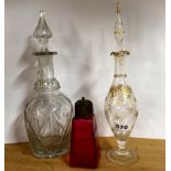 A 19th Century French perfume bottle, a Georgian decanter and a cranberry glass sugar shaker,