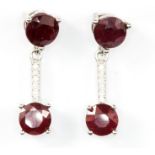 A pair of 925 silver ruby and white stone set drop earrings, L. 2.3cm.