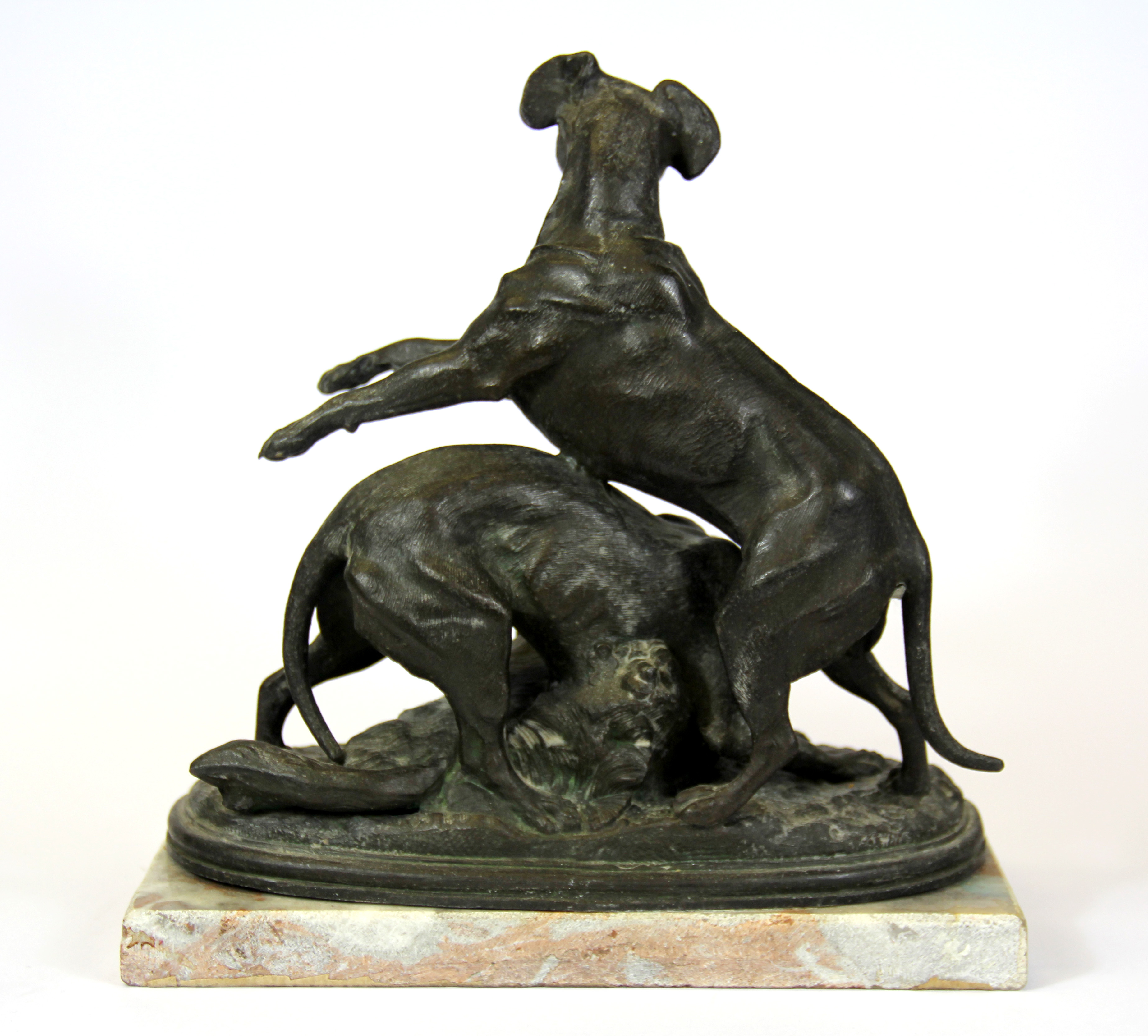 A cast spelter figure of two hounds and a fox on a marble base, H. 23cm. - Image 2 of 2