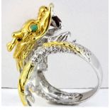 A 925 silver gilt dragon shaped ring set with emeralds and a pink tourmaline, (Q).