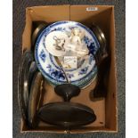 A box of mixed china and other items.