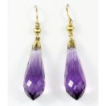 A pair of 9ct yellow gold (worn stamp 9ct) briolette cut amethyst set drop earrings, L. 3.3cm.