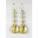 A pair of 9ct yellow gold drop earring set with pearls and faceted cut citrines, L. 4.5cm.