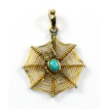 A 9ct yellow gold turquoise and pearl set spider web pendant, L. 2.6cm.