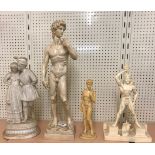 A Victorian parian ware figure and three resin figures, tallest H. 47cm.