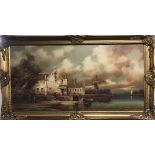 A large gilt framed oil on canvas of a canal scene signed I. Costello, framed size 136 x 75cm.