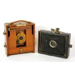 A mahogany plate camera by Lancaster & Sons and a further part plate camera by Zeiss Ikon lens,