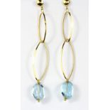 A pair of 18ct yellow gold drop earrings set with cabochon cut blue topaz, L. 5.5cm, (butterflies