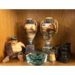 A pair of Noritaki hand painted porcelain vases, H. 25cm together with other items.