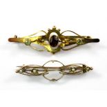 Two Edwardian yellow metal (tested minimum 9ct gold) stone set brooches, L. 5 & 4cm.