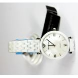 A boxed lady's Emporio Armani wrist watch with a mother of pearl dial, unused.