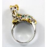 A 925 silver gilt emerald and tourmaline set ram shaped ring, (P).