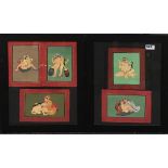 Two frames containing five Indian erotic watercolours, framed size 36 x 47cm.
